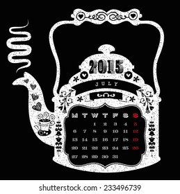 2015 calendar, monthly calendar template for July. Vector illustration.  Coffee pot shaped Calendar.
