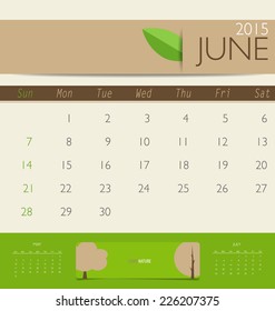 2015 calendar, monthly calendar template for June. Vector illustration.