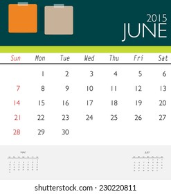 2015 calendar, monthly calendar template for June. Vector illustration.