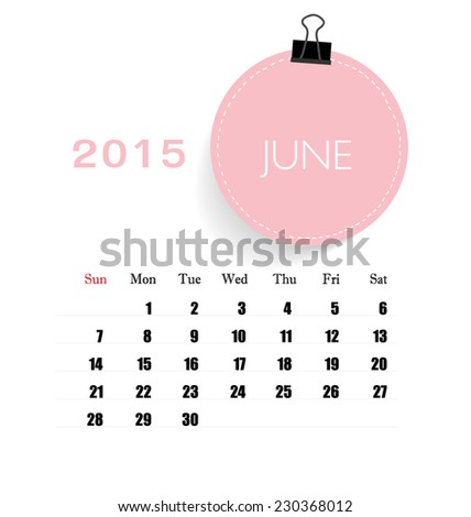 2015 calendar, monthly calendar template for June. Vector illustration.