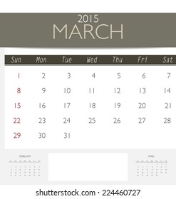 2015 calendar, monthly calendar template for March. Vector illustration.