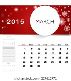 Calendario de 2015, plantilla de calendario mensual para marzo. Ilustración vectorial.