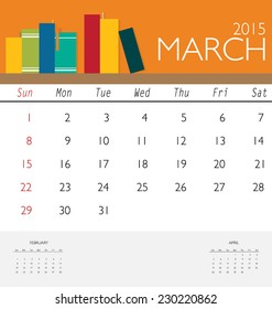 2015 calendar, monthly calendar template for March. Vector illustration.