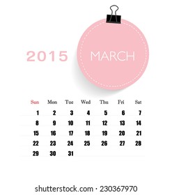 2015 calendar, monthly calendar template for March. Vector illustration.