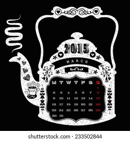 2015 calendar, monthly calendar template for March. Vector illustration.  Coffee pot shaped Calendar.