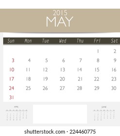 2015 calendar, monthly calendar template for May. Vector illustration.