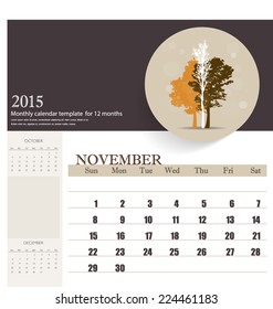 2015 calendar, monthly calendar template for November. Vector illustration.
