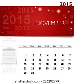 2015 calendar, monthly calendar template for November. Vector illustration.