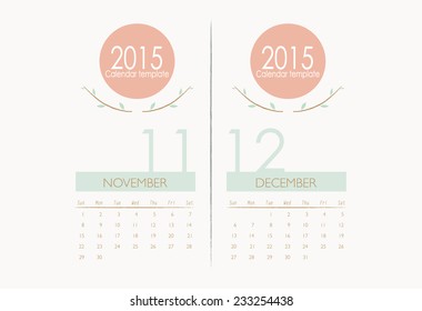 2015 calendar, monthly calendar template for November and December. Vector illustration.