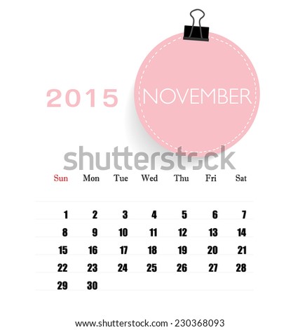2015 calendar, monthly calendar template for November. Vector illustration.