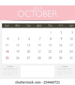 2015 calendar, monthly calendar template for October. Vector illustration.