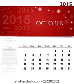 2015 calendar, monthly calendar template for October. Vector illustration.
