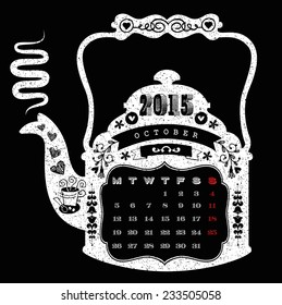 2015 calendar, monthly calendar template for October. Vector illustration.  Coffee pot shaped Calendar.