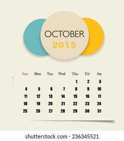 2015 calendar, monthly calendar template for October. Vector illustration.