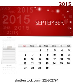 2015 calendar, monthly calendar template for September. Vector illustration.