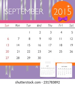 2015 calendar, monthly calendar template for September. Vector illustration.