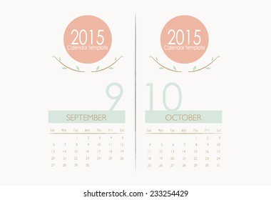 Calendario de 2015, plantilla de calendario mensual para septiembre y octubre. Ilustración vectorial.