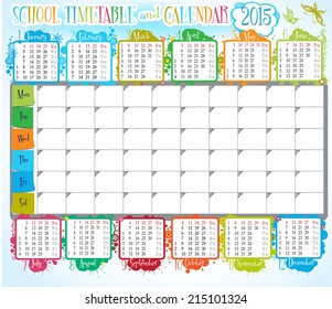 2015 calendar and school timetable for students or pupils with free space for notes