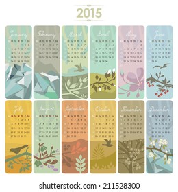 2015 Calendar set with vertical banners or cards. Week starts on Sunday.