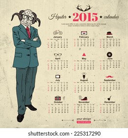 2015 calendar template hipster design. Year of the goat. Vector illustration.