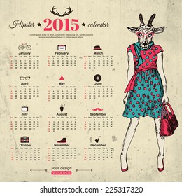 2015 calendar template hipster design. Year of the goat. Vector illustration.