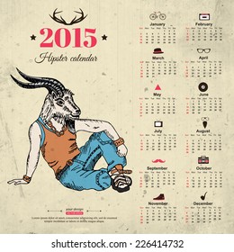 2015 calendar template hipster design. Year of the goat.  Vector illustration.