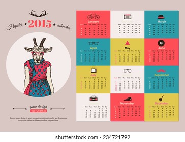 2015 calendar template hipster design. Year of the goat. Vector illustration.