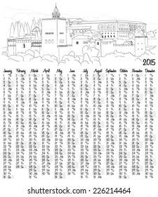 2015 calendar with urban sketch of Granada, Spain