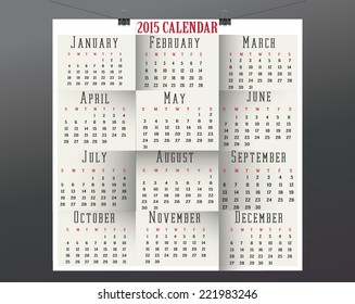 2015 calendar in us style, start on sunday, each month with individual table.