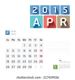 2015 Calendar Calendar Vector  Design. April