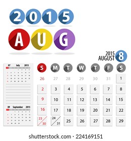 2015 Calendar Calendar Vector Design. August