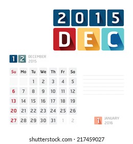 2015 Calendar Calendar Vector  Design. December