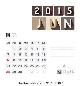 2015 Calendar Calendar Vector  Design. June