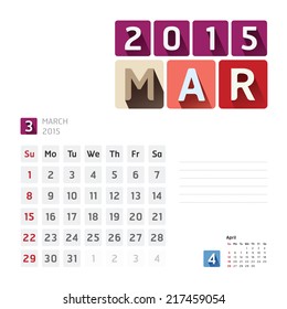 2015 Calendar Calendar Vector  Design. March