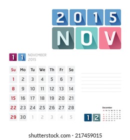 2015 Calendar Calendar Vector  Design. November