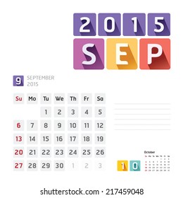 2015 Calendar Calendar Vector  Design. September