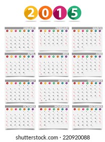 2015 calendar vertical - week starts with sunday