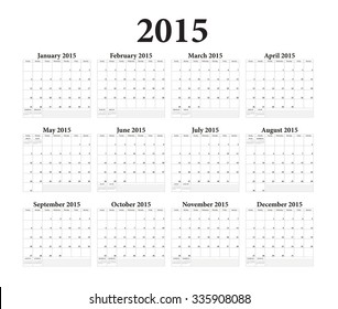 2015 Calendar.Weeks start on Sunday.