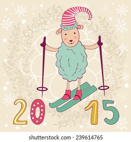 2015 card with cute funny skiing  sheep. Vector illustration