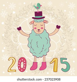 2015 card with happy sheep and bird. Vector illustration