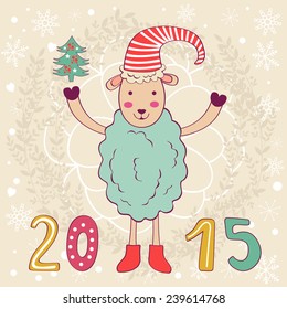 2015 card with happy sheep and Christmas tree. Vector illustration