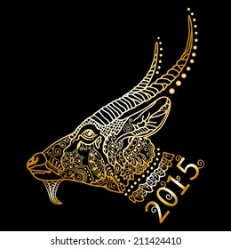 2015 Chinese New Year of the Goat, golden silhouette Isolated on black background, ornamental lace pattern, vector illustration