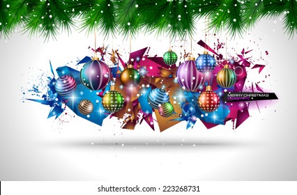 2015 Christmas Colorful Background with a waterfall of ray lights and a lot of baubles and stars.