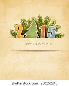 2015 with a Christmas tree on old paper background. Vector. 