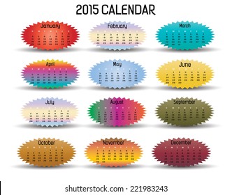 2015 colorful calendar in us style, start on sunday, each month with individual table.