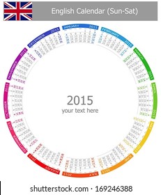 2015 English Circle Calendar Sun-Sat on white background