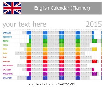 2015 English Planner Calendar with Horizontal Months on white background