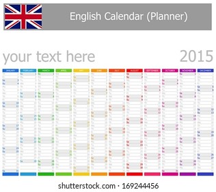 2015 English Planner Calendar with Vertical Months on white background