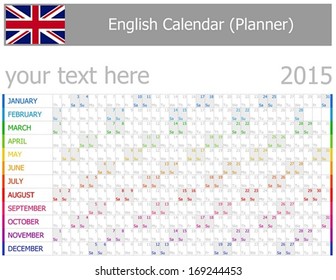 2015 English Planner-2 Calendar with Horizontal Months on white background