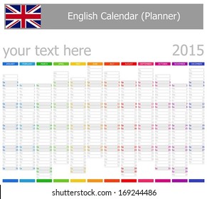 2015 English Planner-2 Calendar with Vertical Months on white background